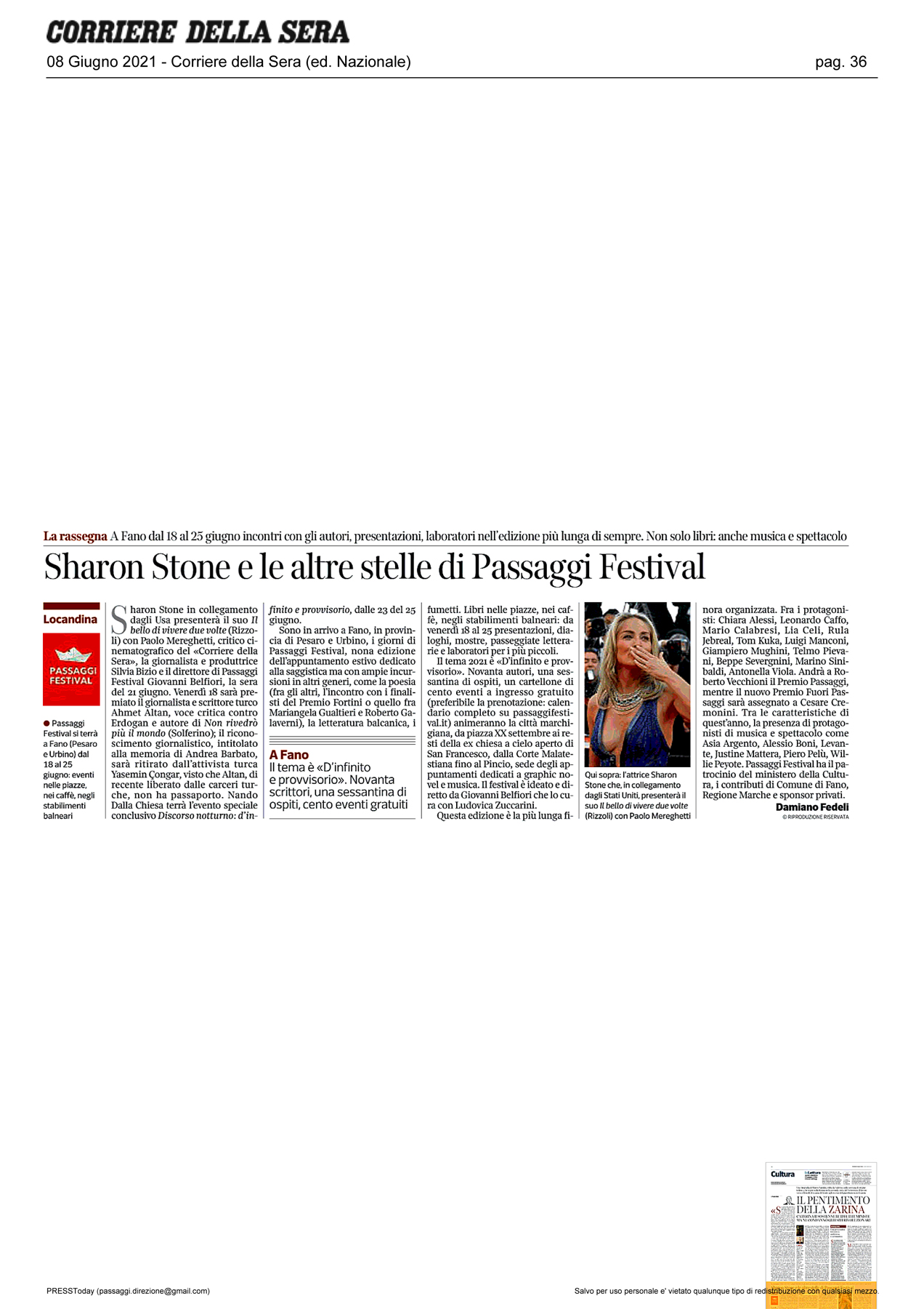 Corriere della Sera – Sharon Stone e le altre stelle di Passaggi Festival