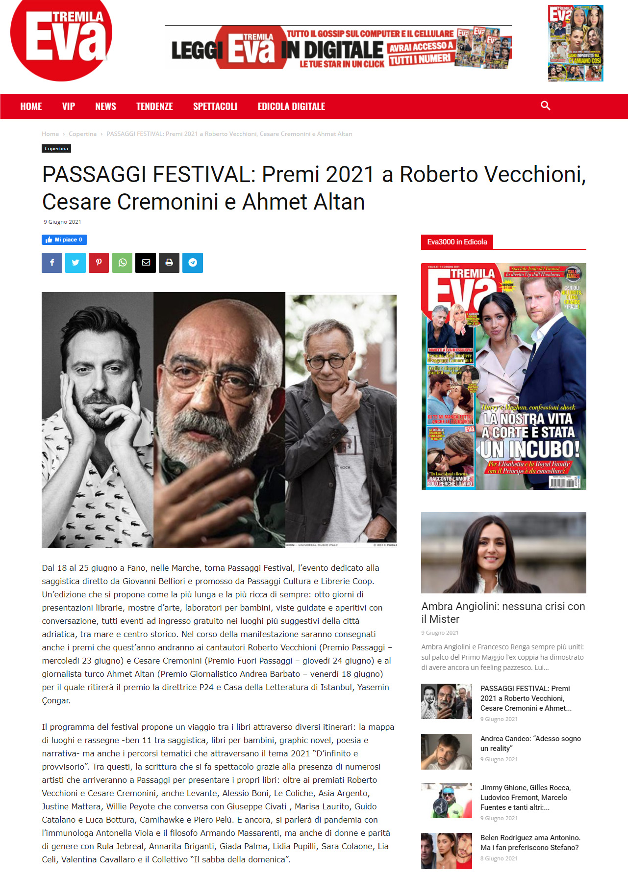 Eva Tremila – Passaggi Festival: Premi 2021 a Roberto Vecchioni, Cesare Cremonini e Ahmet Altan