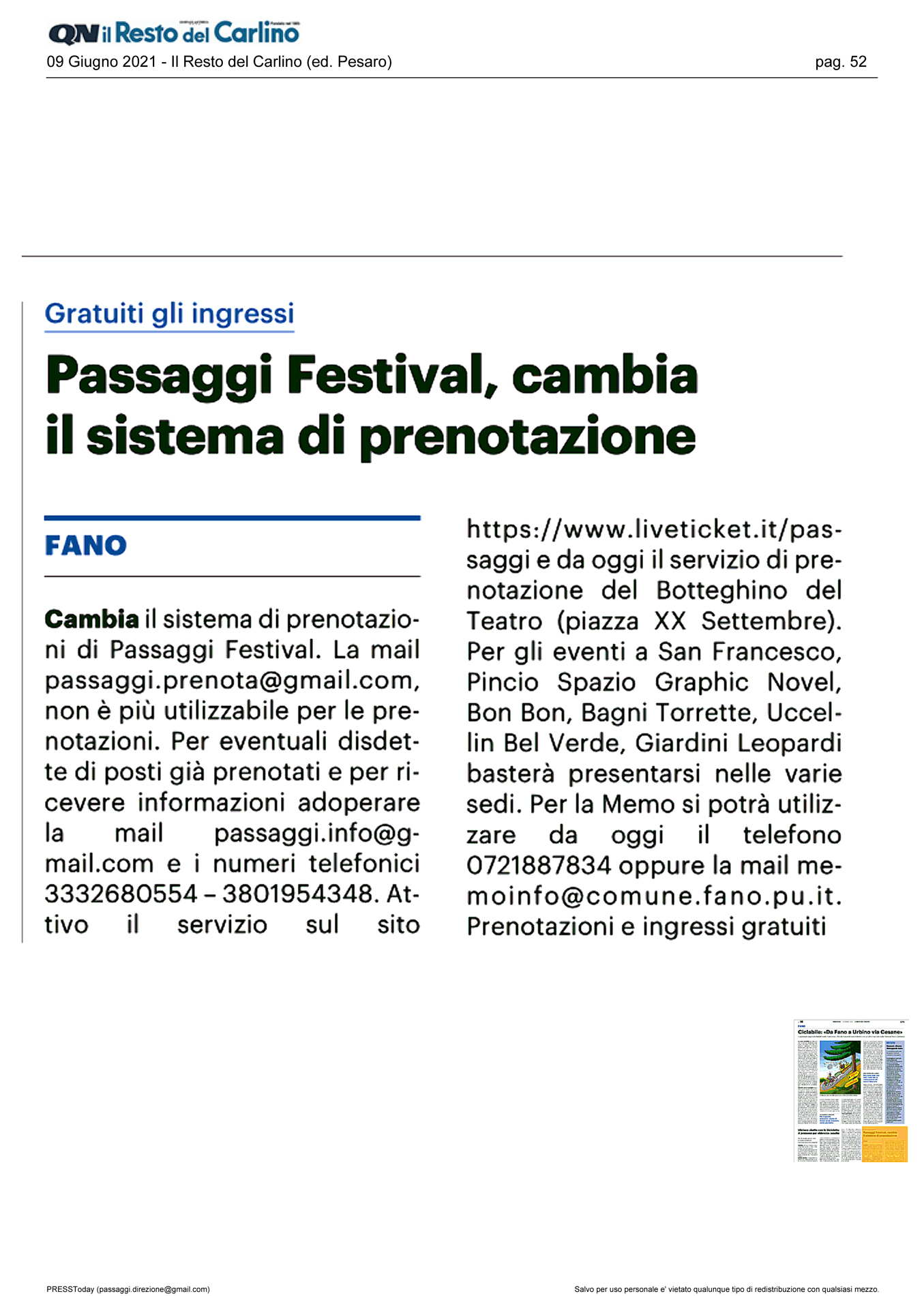 Il Resto del Carlino, Passaggi Festival cambia il sistema di prenotazione