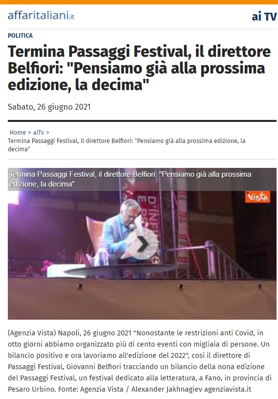 Affari Italiani.it – Termina Passaggi Festival, il direttore Belfiori: “Pensiamo già alla prossima edizione, la decima”