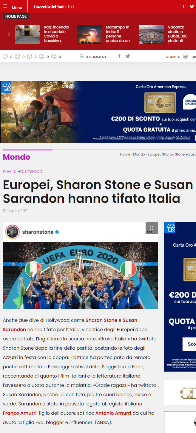 Gazzetta del Sud – Europei, Sharon Stone e Susan Sarandon hanno tifato Italia