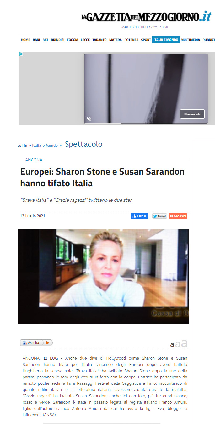 La Gazzetta del Mezzogiorno.it – Europei: Sharon Stone e Susan Sarandon hanno tifato Italia