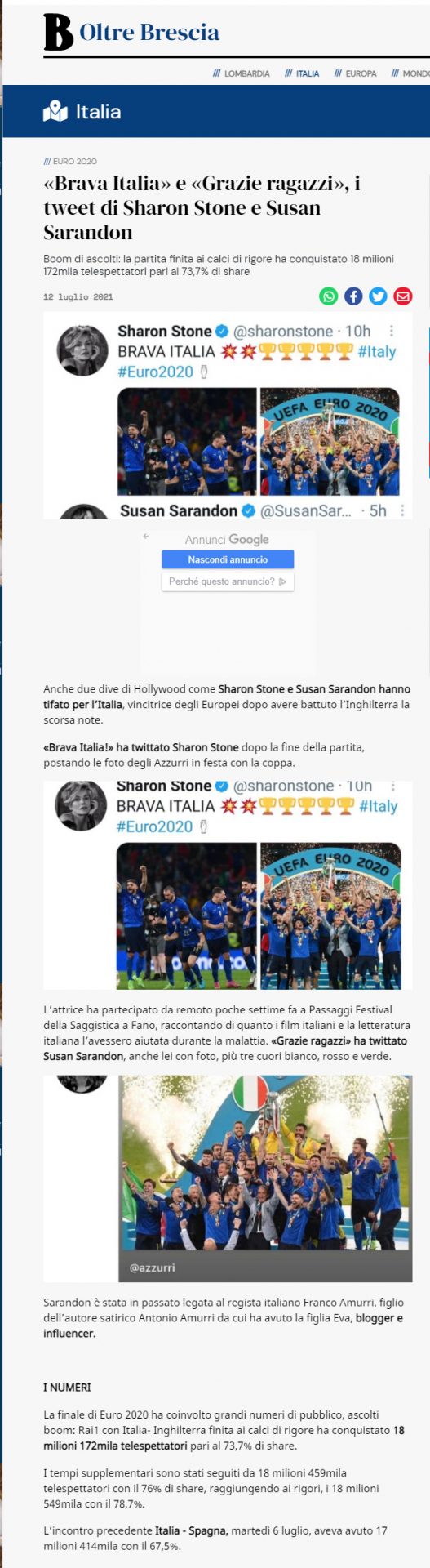 Oltre Brescia – “Brava Italia” e “Grazie ragazzi”, i tweet di Sharon Stone e Susan Sarandon