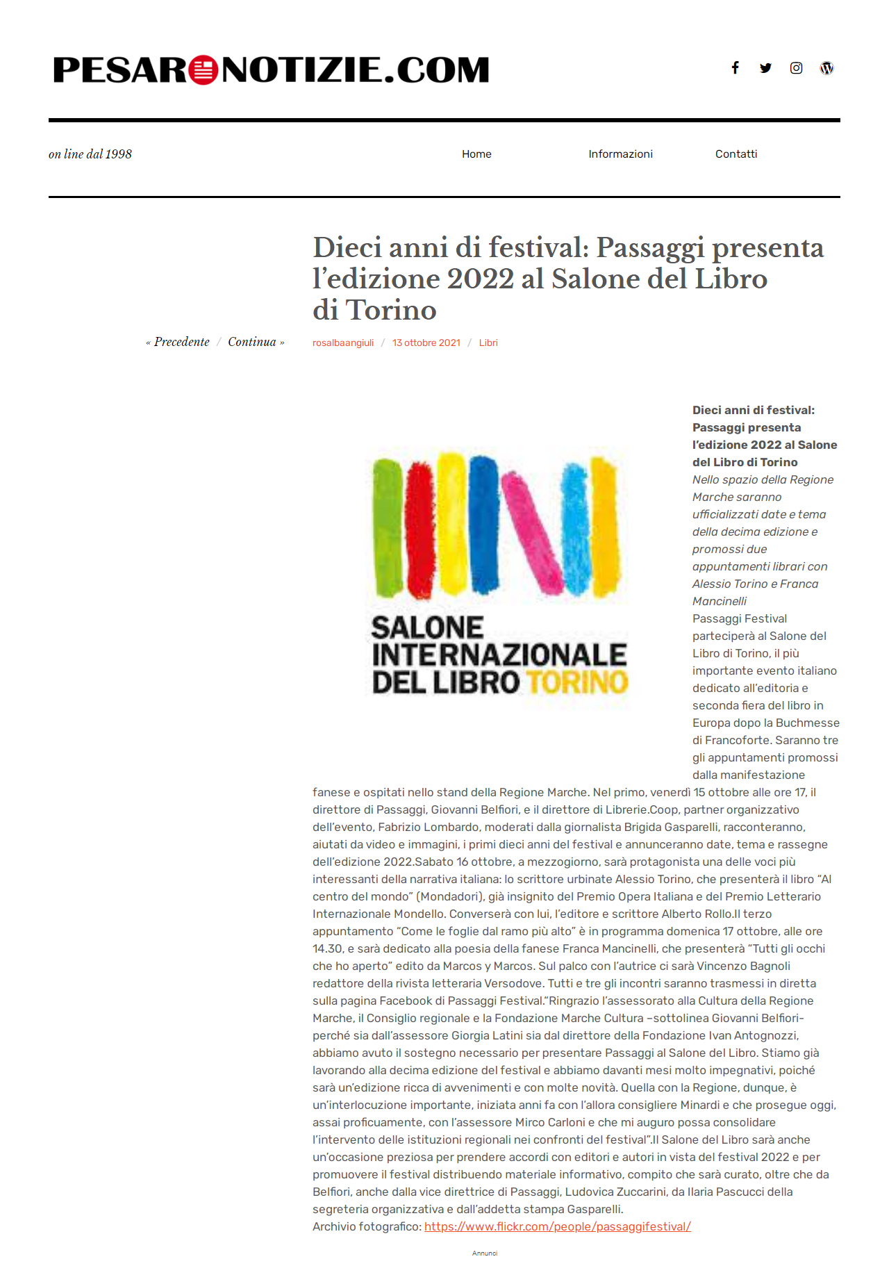 Pesaro Notizie – Dieci anni di festival: Passaggi presenta l’edizione 2022 al Salone del Libro di Torino