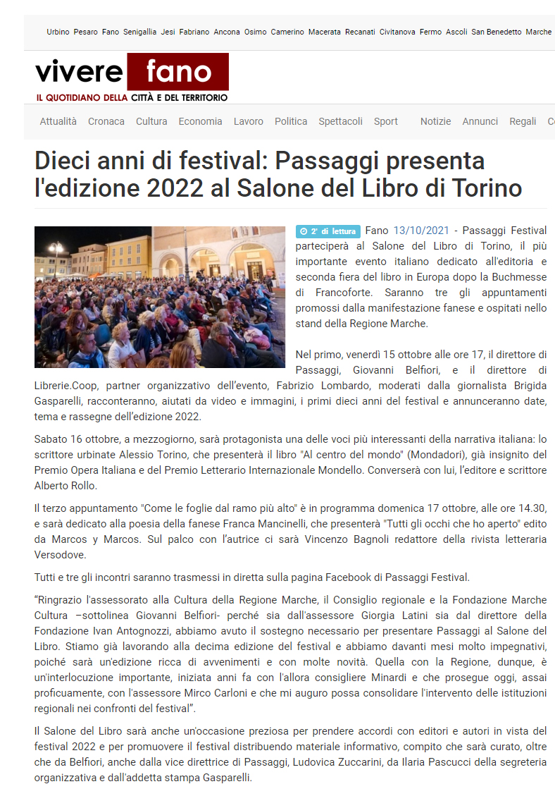 Vivere Fano – Dieci anni di festival: Passaggi presenta l’edizione 2022 al Salone del Libro di Torino