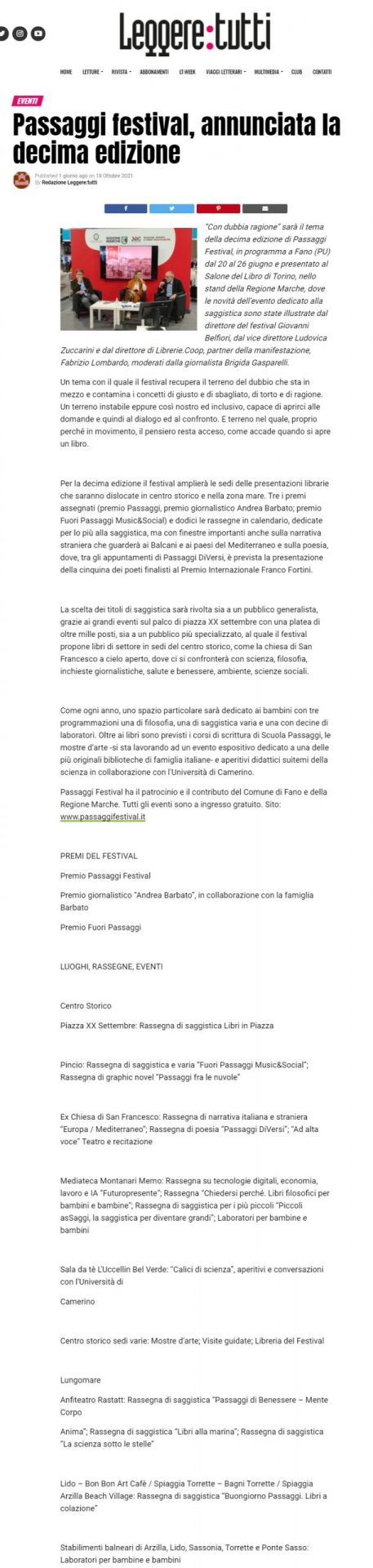 Leggere Tutti – Passaggi festival, annunciata la decima edizione