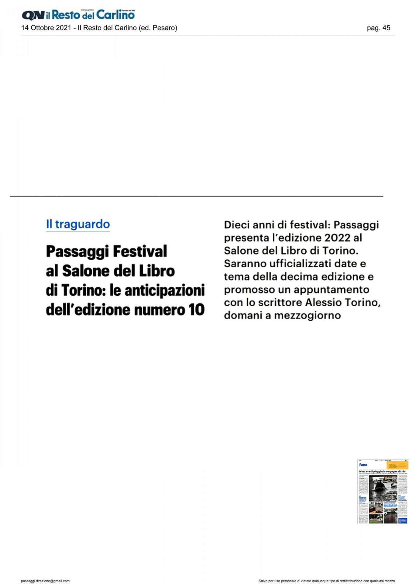 Il Resto del Carlino – Passaggi Festival al Salone del Libro di Torino