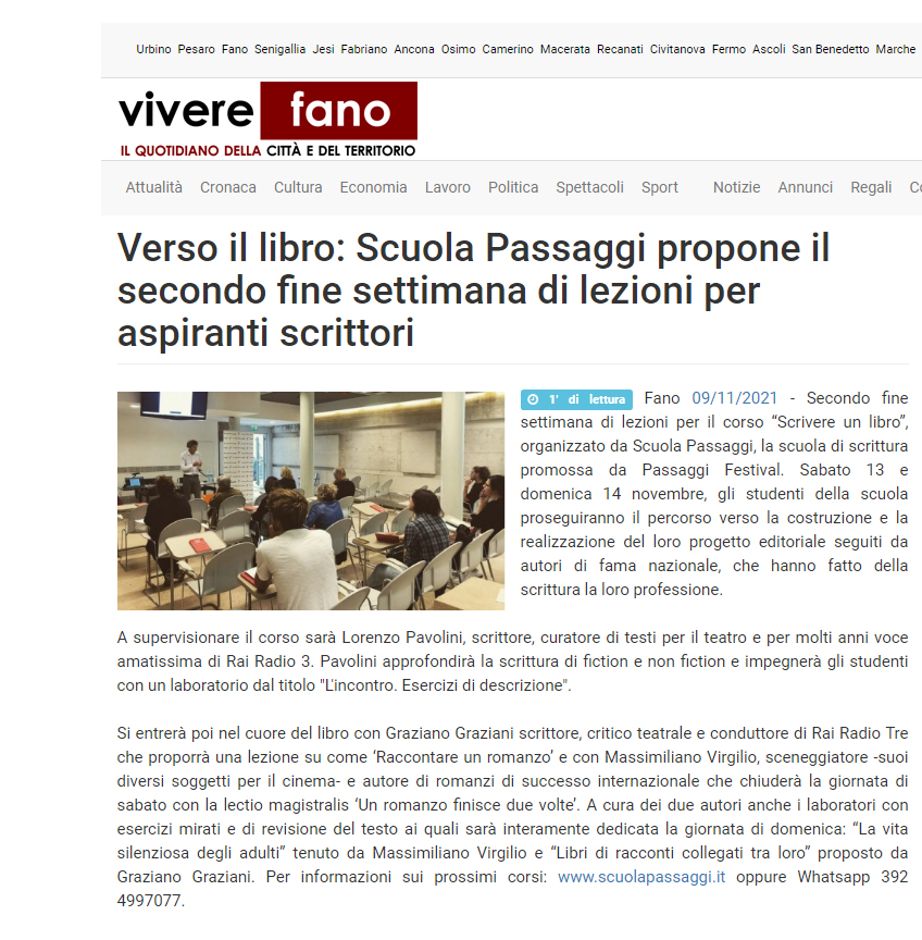 Vivere Fano – Verso il libro: Scuola Passaggi propone il secondo fine settimana di lezioni per aspiranti scrittori