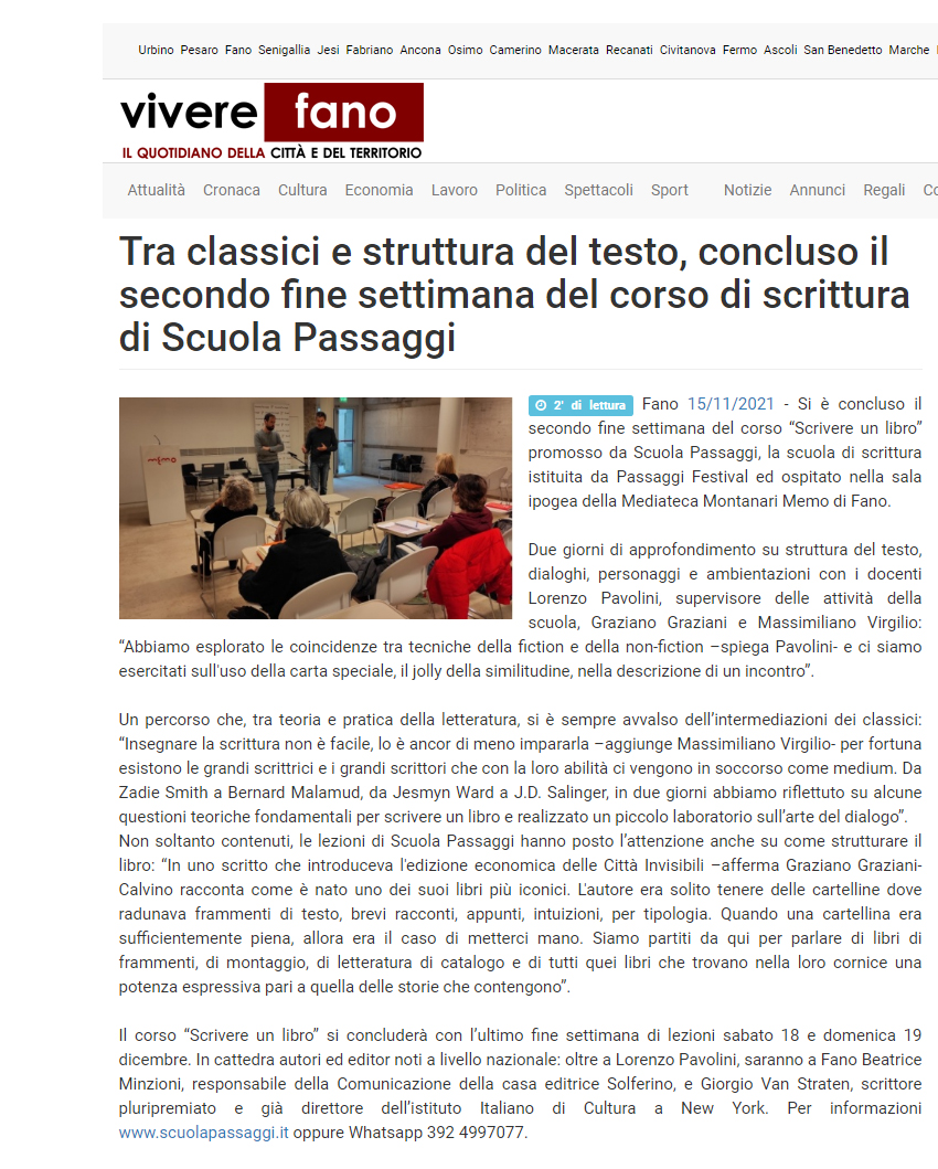 Vivere Fano – Tra classici e struttura del testo, concluso il secondo fine settimana del corso di scrittura di Scuola Passaggi