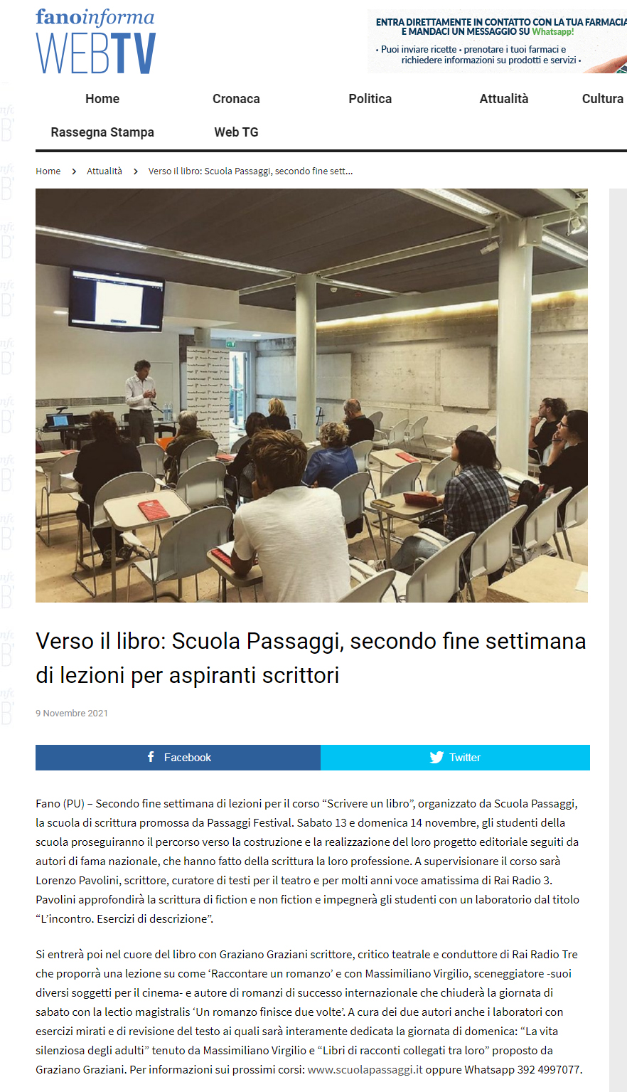 Fano Informa – Verso il libro: Scuola Passaggi secondo fine settimana di lezioni per aspiranti scrittori