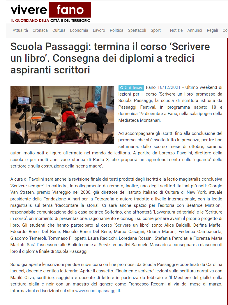 Vivere Fano – Scuola Passaggi: termina il corso ‘Scrivere un libro’. Consegna dei diplomi a tredici aspiranti scrittori