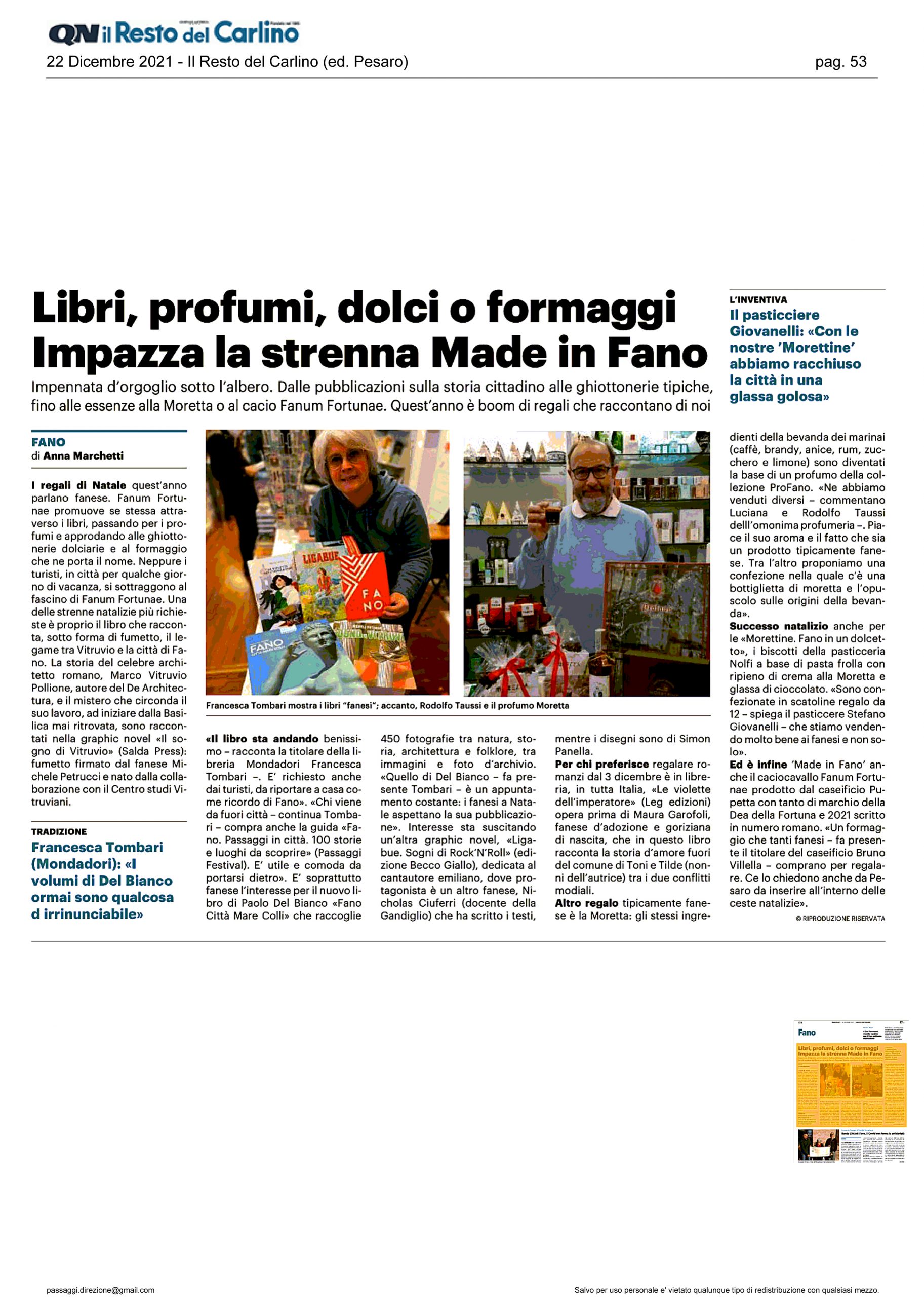 Il Resto del Carlino – Libri, profumi, dolci o formaggi. Impazza la strenna Made in Fano