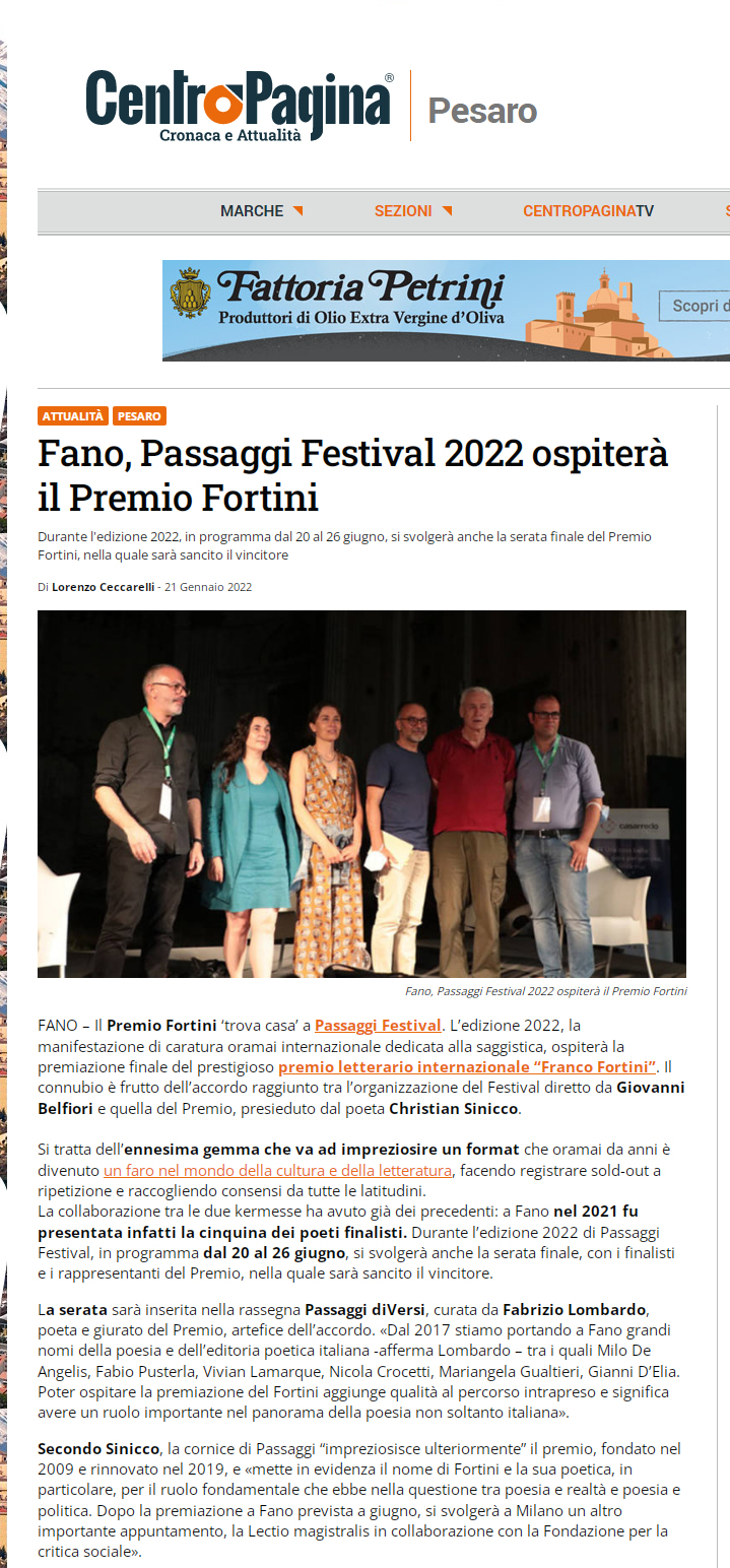 Centro Pagina – Fano, Passaggi Festival 2022 ospiterà il Premio Fortini