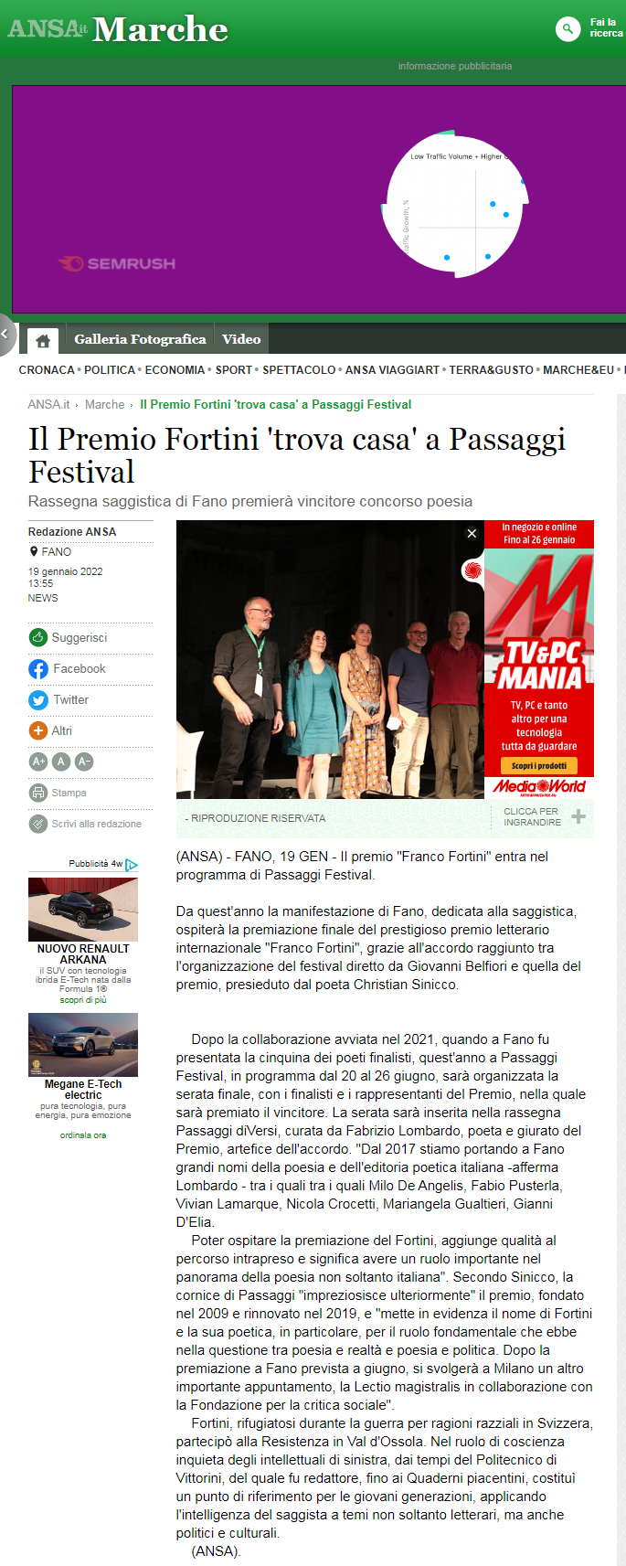 Ansa – Il Premio Fortini ‘trova casa’ a Passaggi Festival