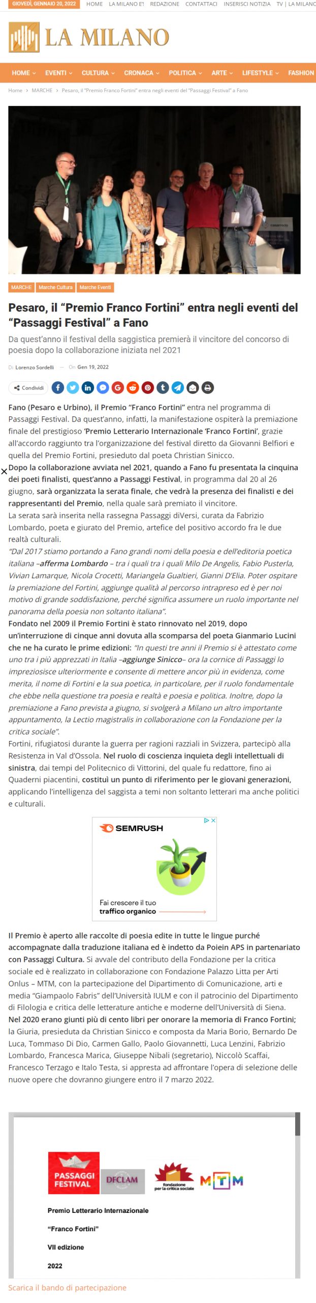 La Milano – Pesaro, il Premio “Franco Fortini” entra negli eventi del “Passaggi Festival” a Fano