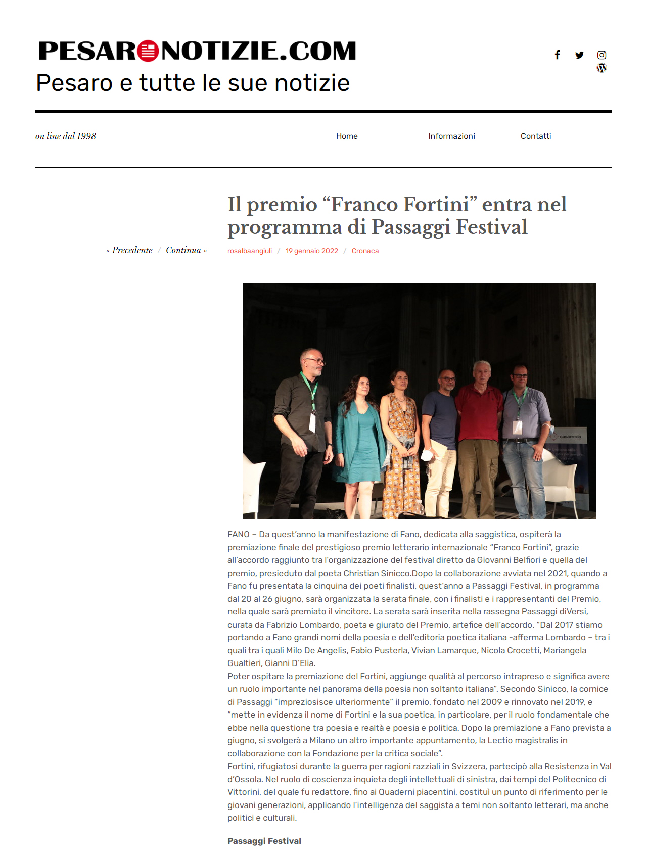 Pesaro Notizie – Il Premio “Franco Fortini” entra nel programma di Passaggi Festival