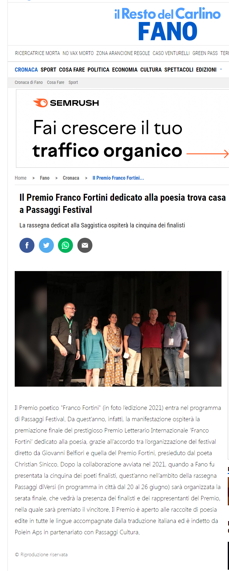 Il Resto del Carlino – Il Premio Franco Fortini dedicato alla poesia trova casa a Passaggi Festival