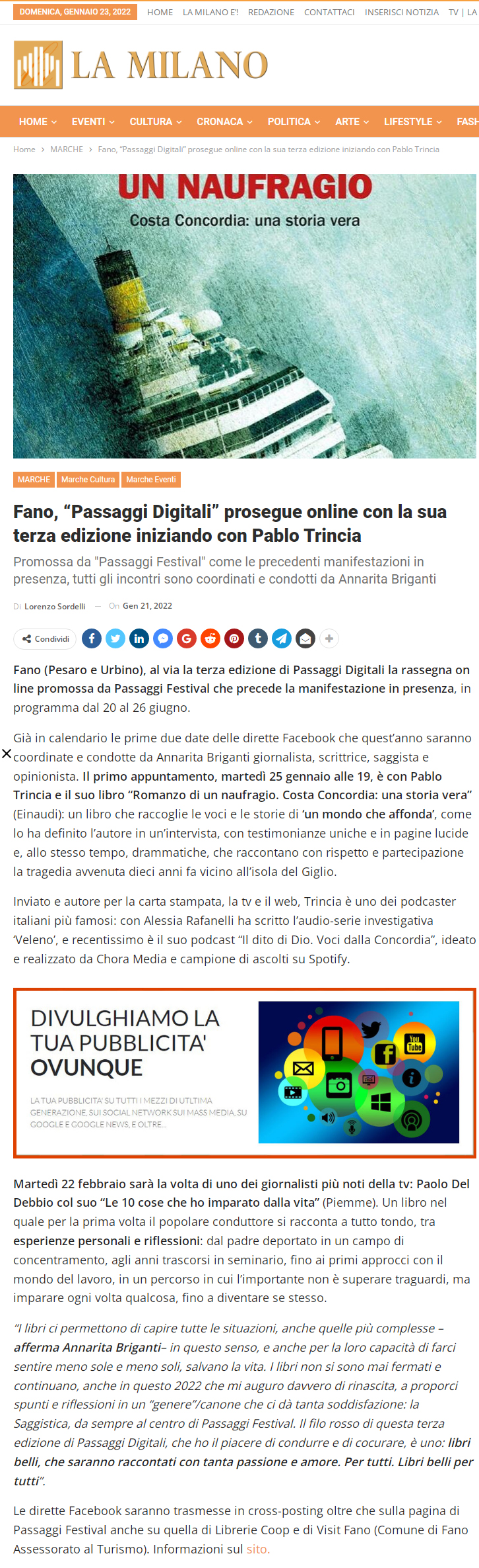 La Milano – Fano, “Passaggi Digitali” prosegue con la sua terza edizione iniziando con Pablo Trincia