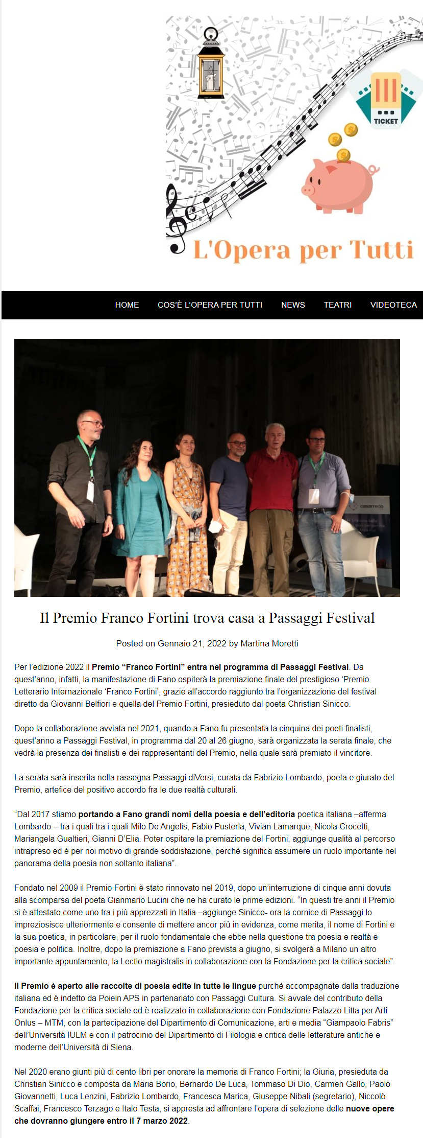 L’Opera per Tutti – Il Premio Franco Fortini trova casa a Passaggi Festival