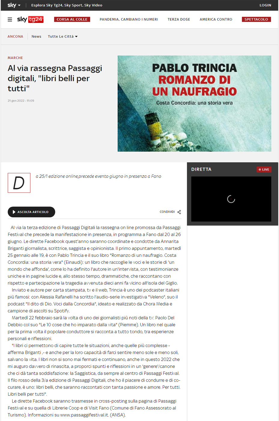 Sky Tg24 – Al via rassegna Passaggi digitali, “libri belli per tutti”