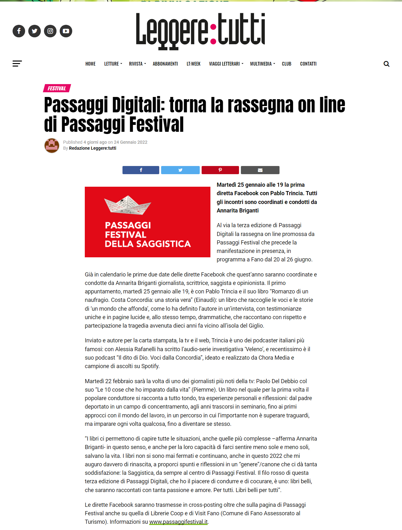 Leggere Tutti – Passaggi Digitali torna la rassegna on line di Passaggi Festival