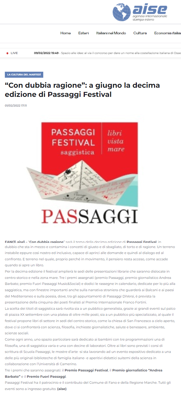 Aise – “Con dubbia ragione”: a giugno la decima edizione di Passaggi Festival