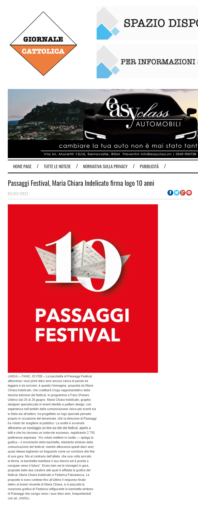 Giornale Cattolica – Passaggi Festival, Maria Chiara Indelicato firma logo 10 anni