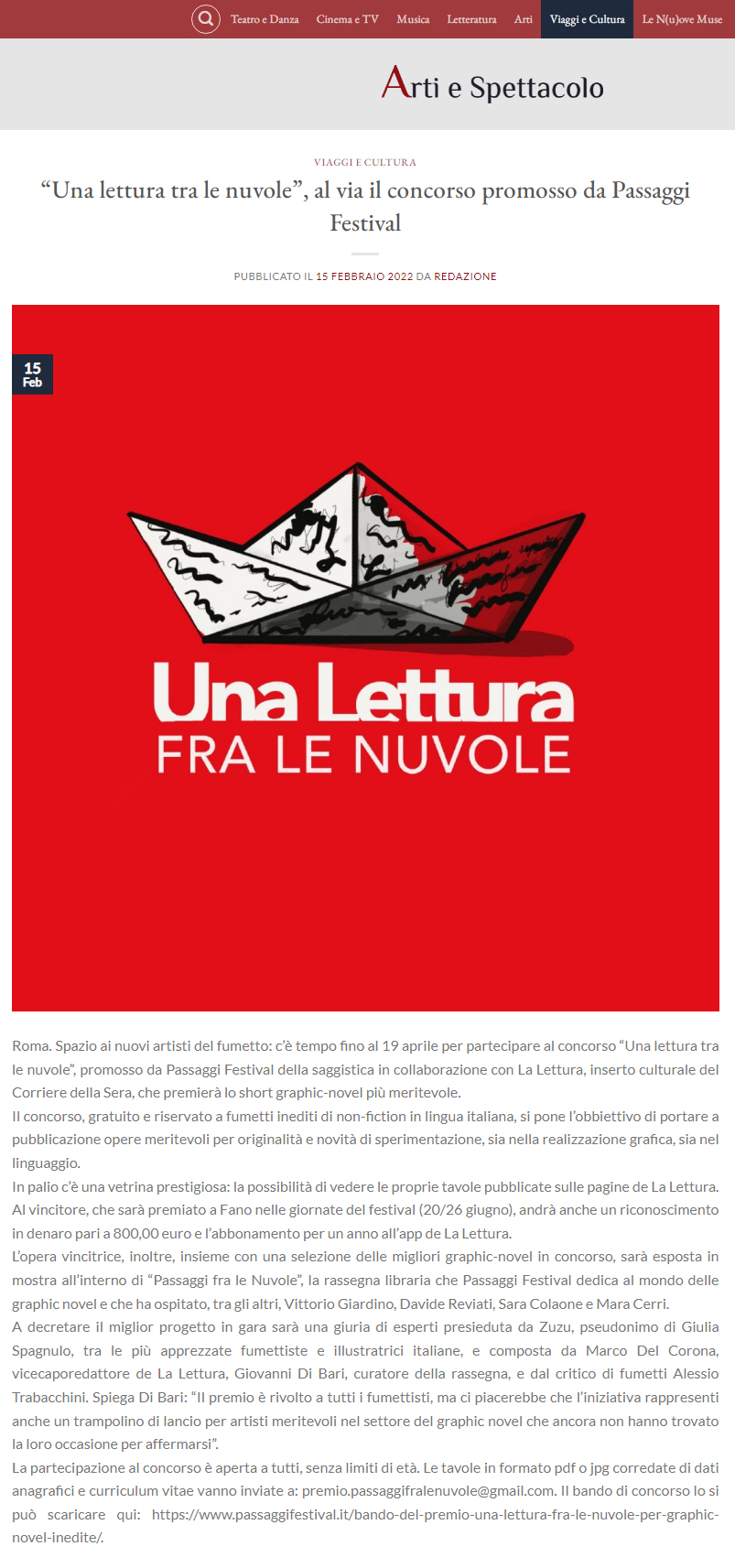 Arti e Spettacolo – “Una lettura tra le nuvole”, al via il concorso promosso da Passaggi Festival