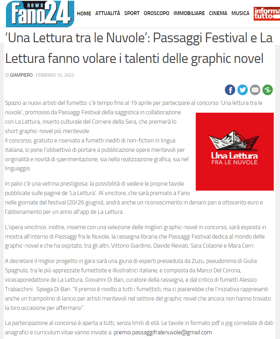 Fano 24 – ‘Una Lettura tra le Nuvole’: Passaggi Festival e La Lettura fanno volare i talenti delle graphic novel