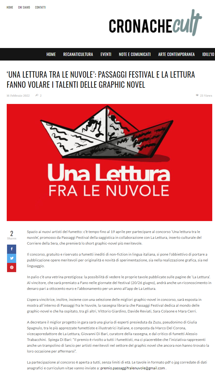 Cronache Cult – ‘Una Lettura tra le Nuvole’: Passaggi festival e La Lettura fanno volare i talenti delle graphic novel