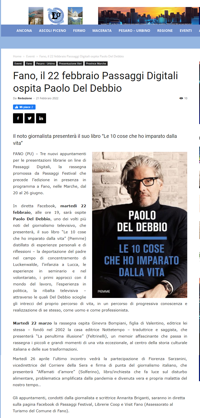 Marche News – Fano, il 22 febbraio Passaggi Digitali ospita Paolo Del Debbio