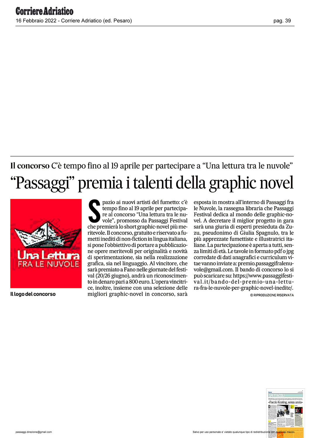 Corriere Adriatico – “Passaggi” premia i talenti delle graphic novel