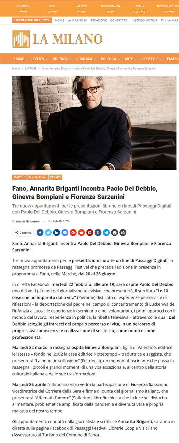 La Milano – Fano, Annarita Briganti incontra Paolo Del Debbio, Ginevra Bompiani e Fiorenza Sarzanini