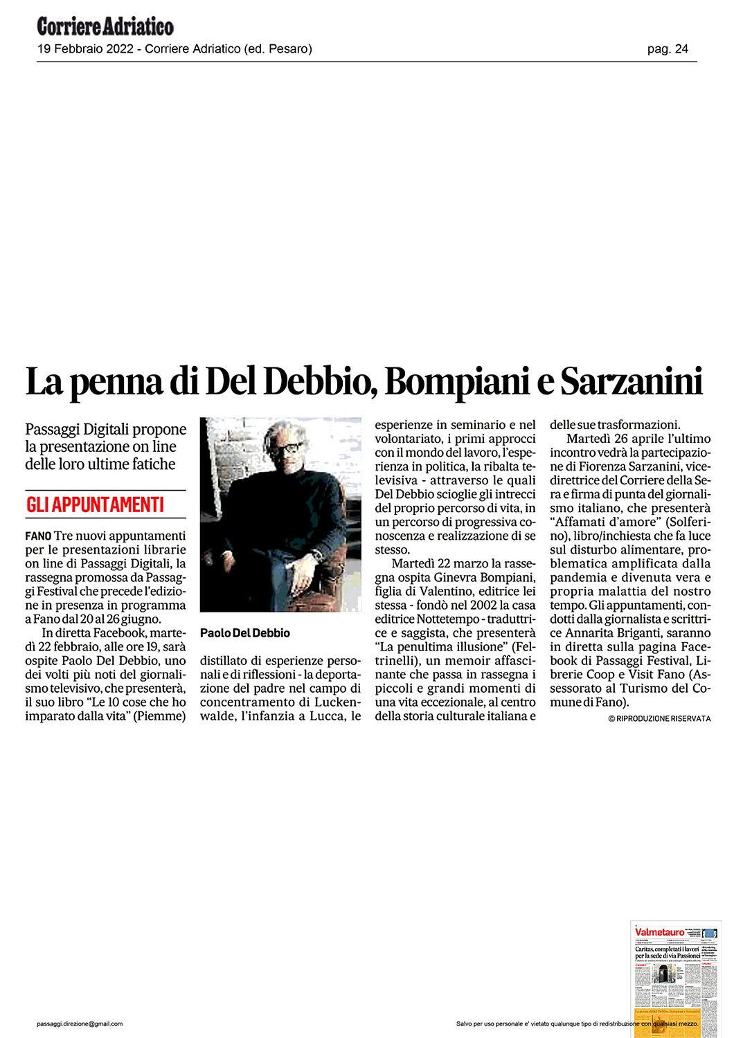 Corriere Adriatico – La penna di Del Debbio, Bompiani e Sarzanini