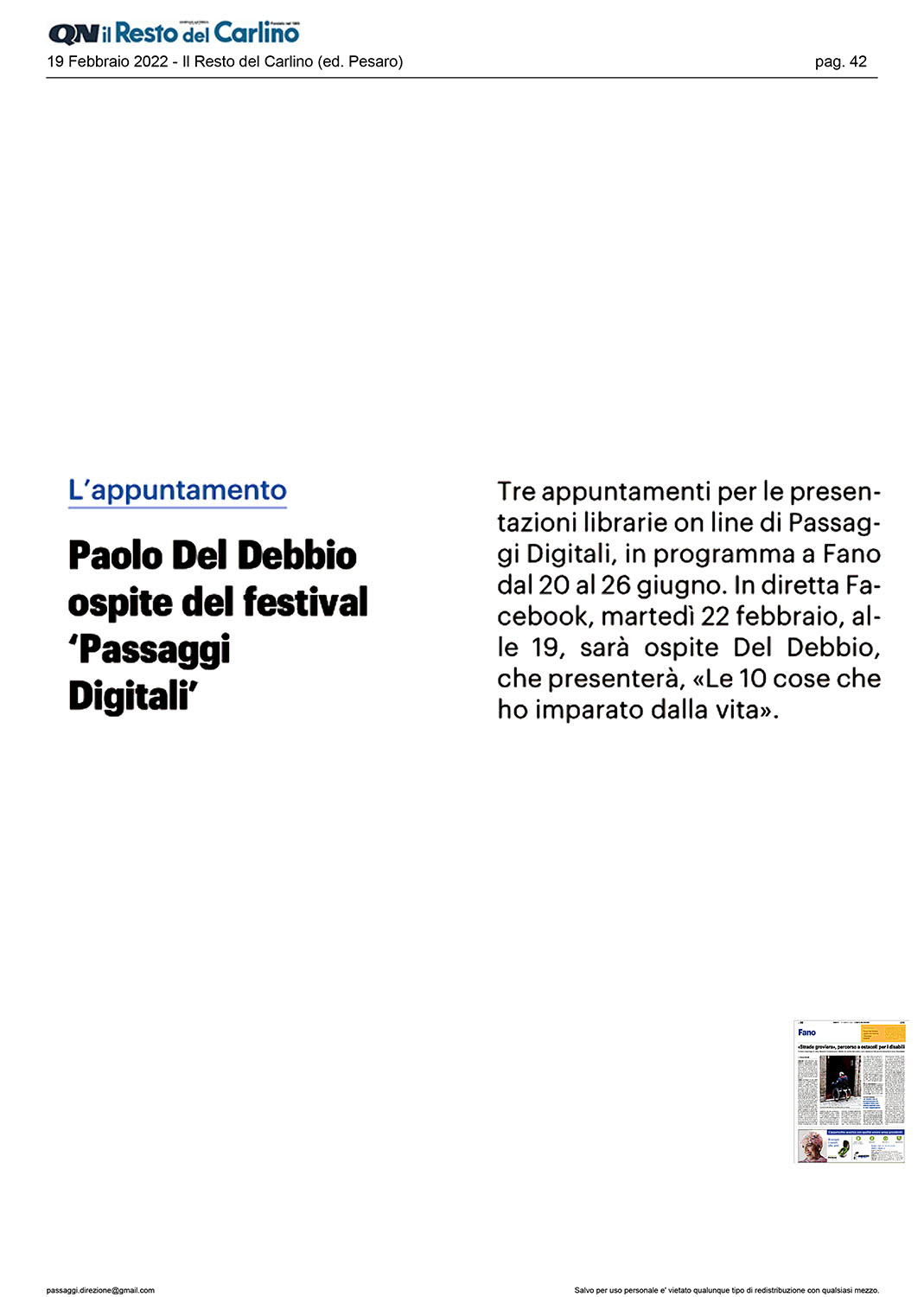 Il Resto del Carlino – Paolo del Debbio ospite del festival ‘Passaggi Digitali’