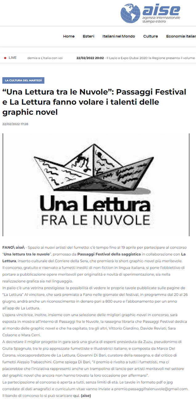 Aise – “Una Lettura tra le Nuvole”: Passaggi Festival e La Lettura fanno volare i talenti delle graphic novel