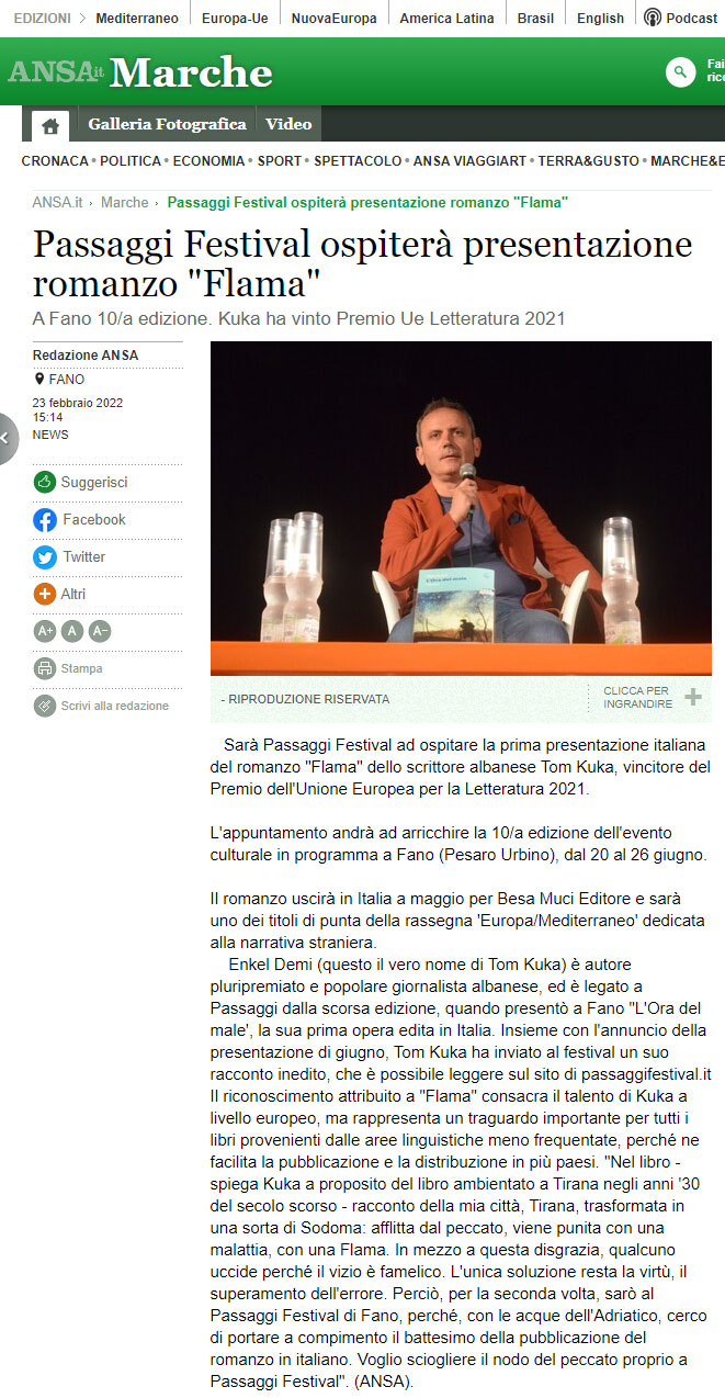 Ansa – Passaggi Festival ospiterà presentazione romanzo “Flama”