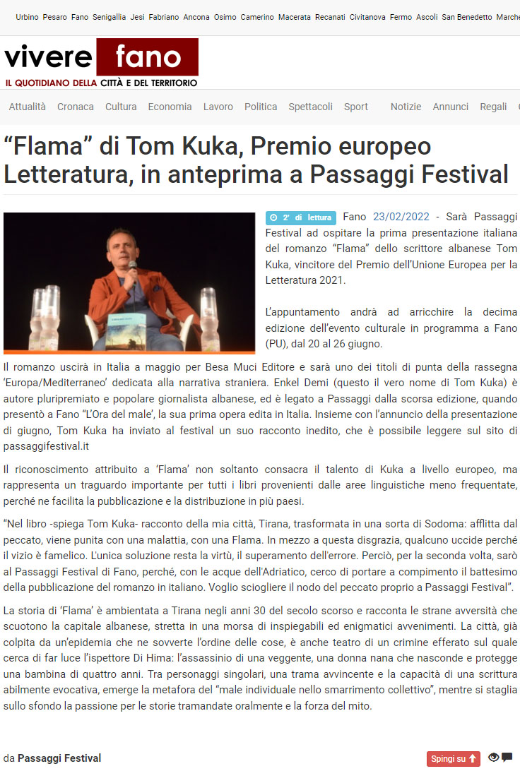 Vivere Fano – “Flama” di Tom Kuka, Premio europeo Letteratura, in anteprima a Passaggi Festival