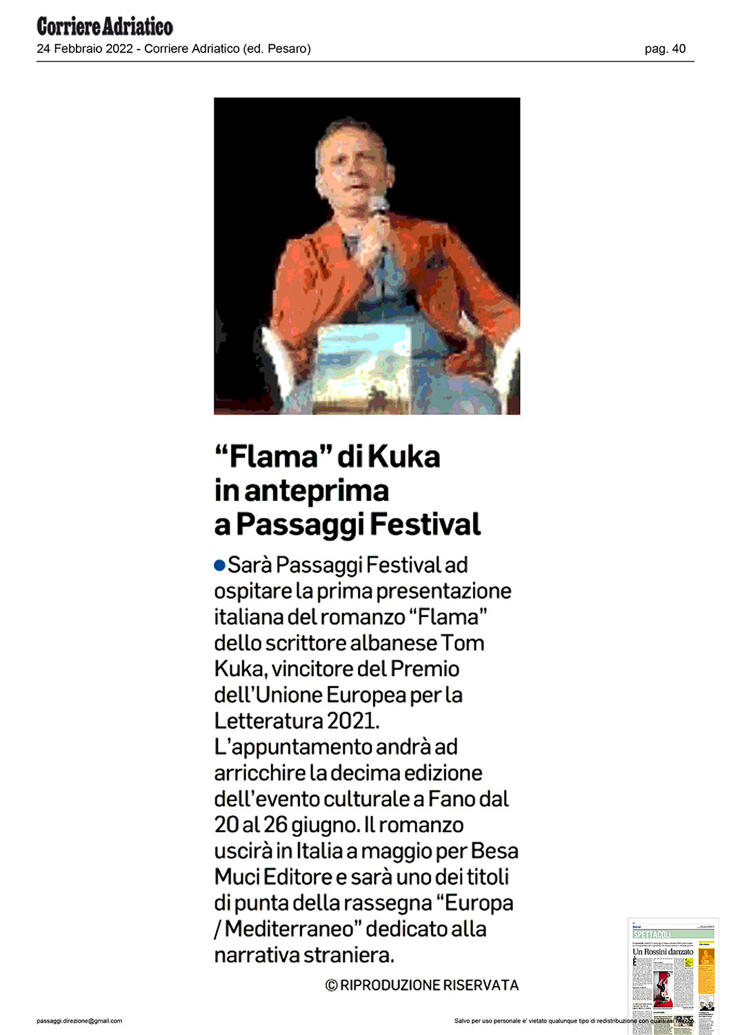 Corriere Adriatico – “Flama” di Kuka in anteprima a Passaggi Festival