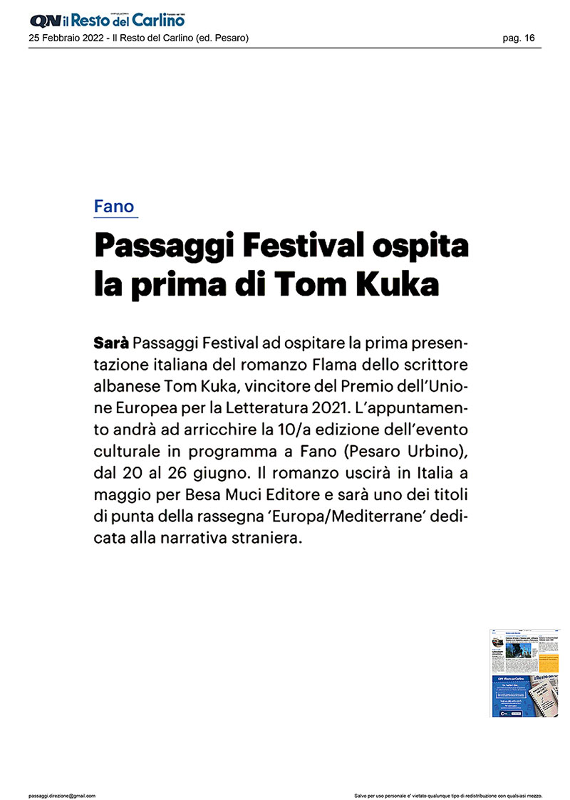 Il Resto del Carlino – Passaggi Festival ospita la prima di Tom Kuka