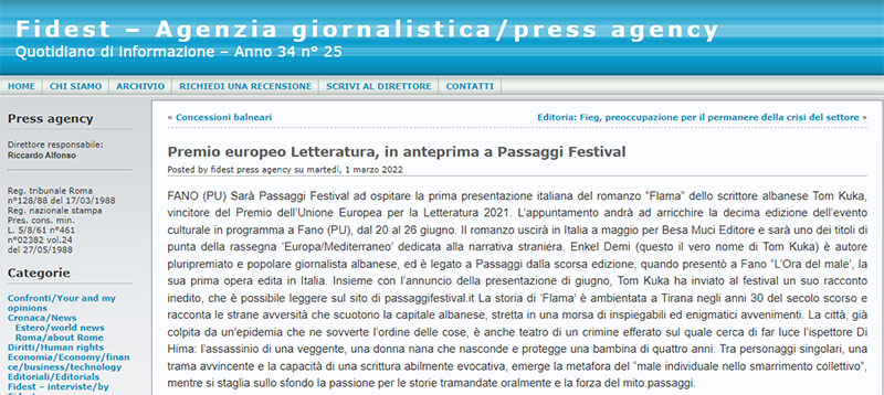 Fidest – Premio europeo Letteratura, in anteprima a Passaggi Festival