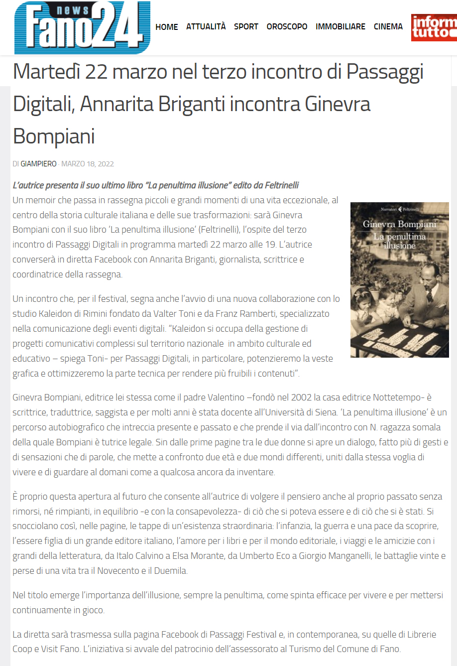 Fano24 – Martedì 22 marzo nel terzo incontro di Passaggi Digitali, Annarita Briganti incontra Ginevra Bompiani