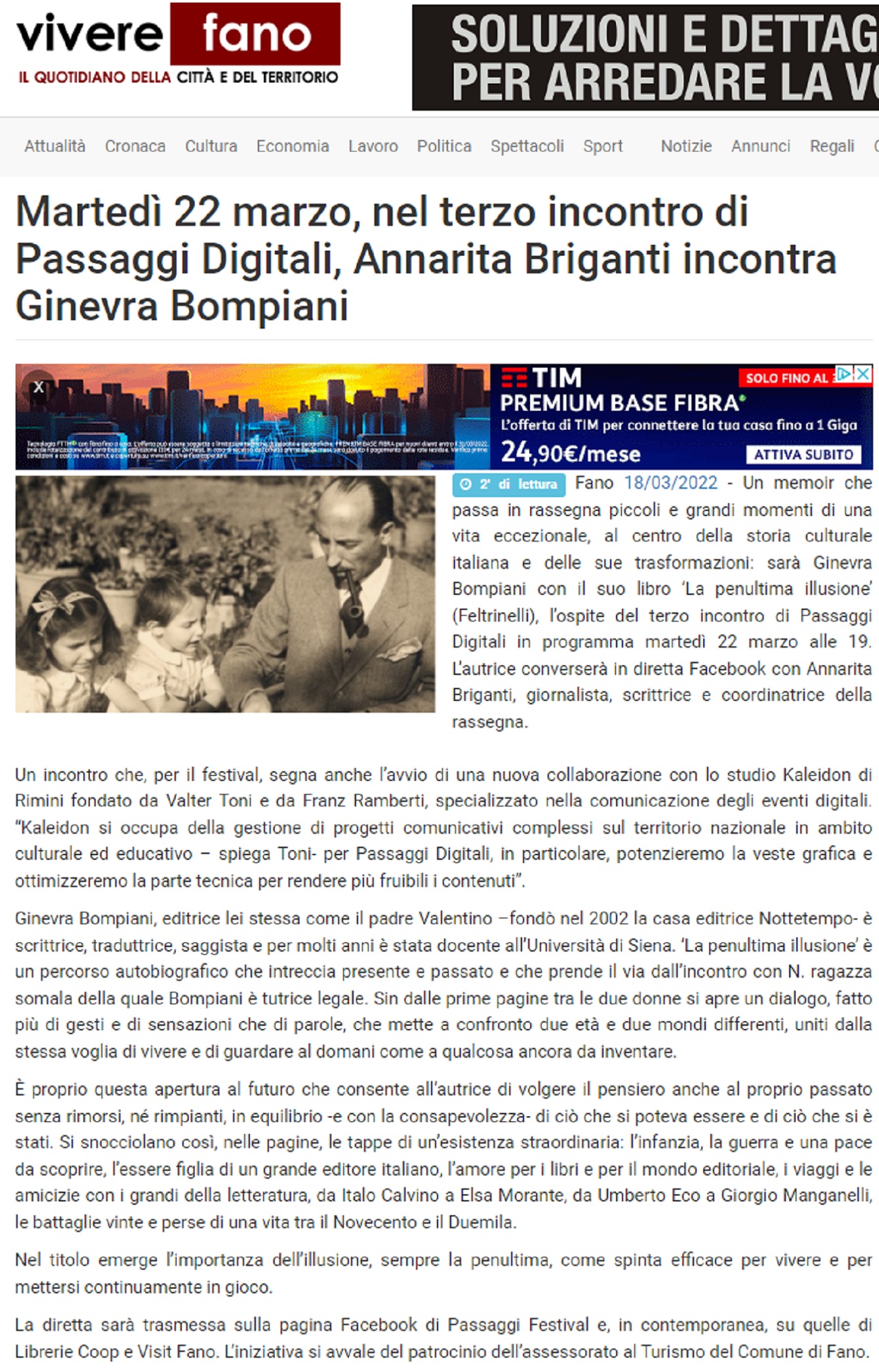 Vivere Fano – Martedì 22 marzo, nel terzo incontro di Passaggi Digitali, Annarita Briganti incontra Ginevra Bompiani