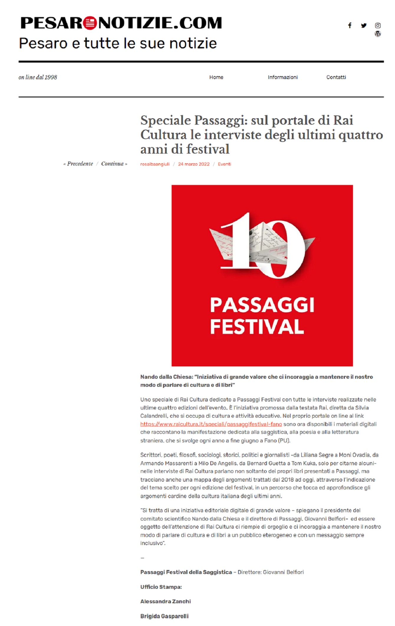 Pesaro Notizie – Speciale Passaggi: sul portale di Rai Cultura le interviste degli ultimi quattro anni di festival