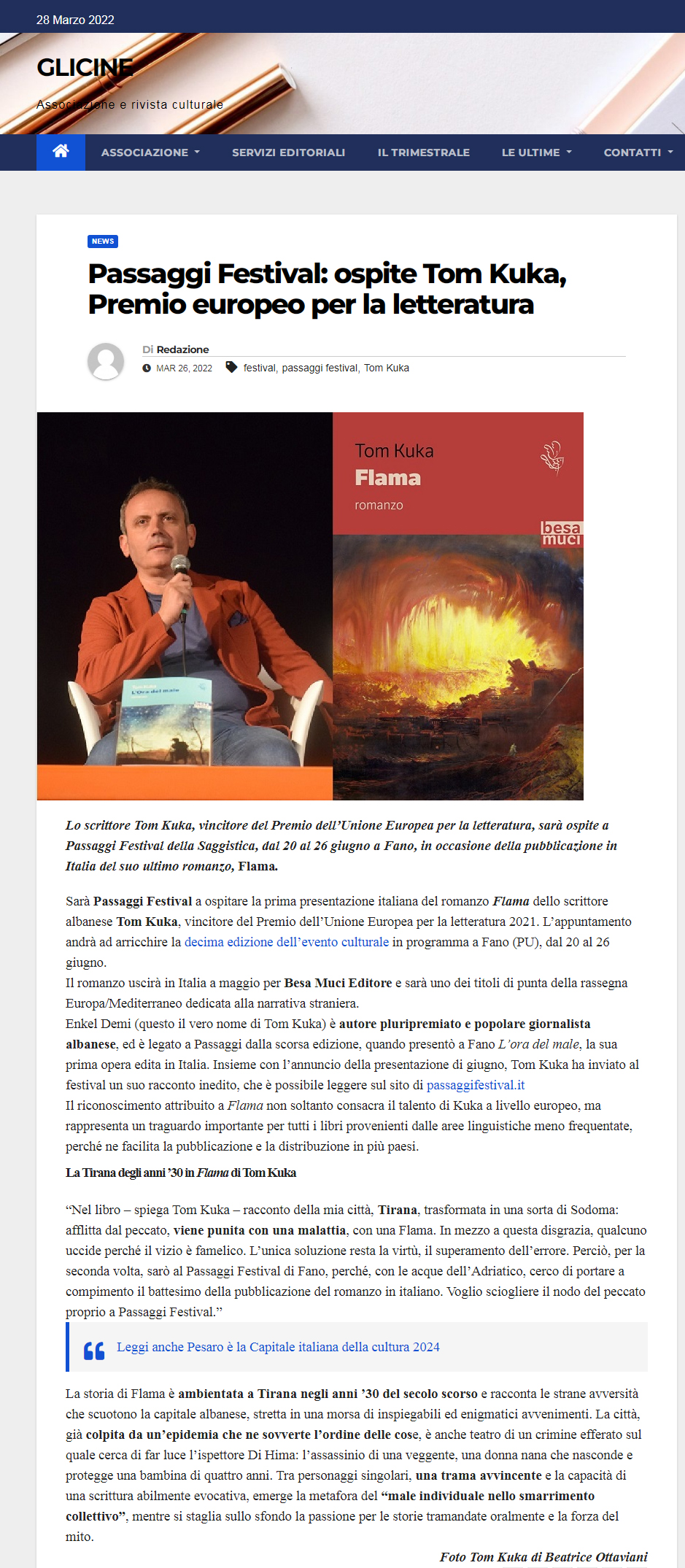 Glicine – Passaggi Festival: ospite Tom Kuka, Premio europeo per la letteratura