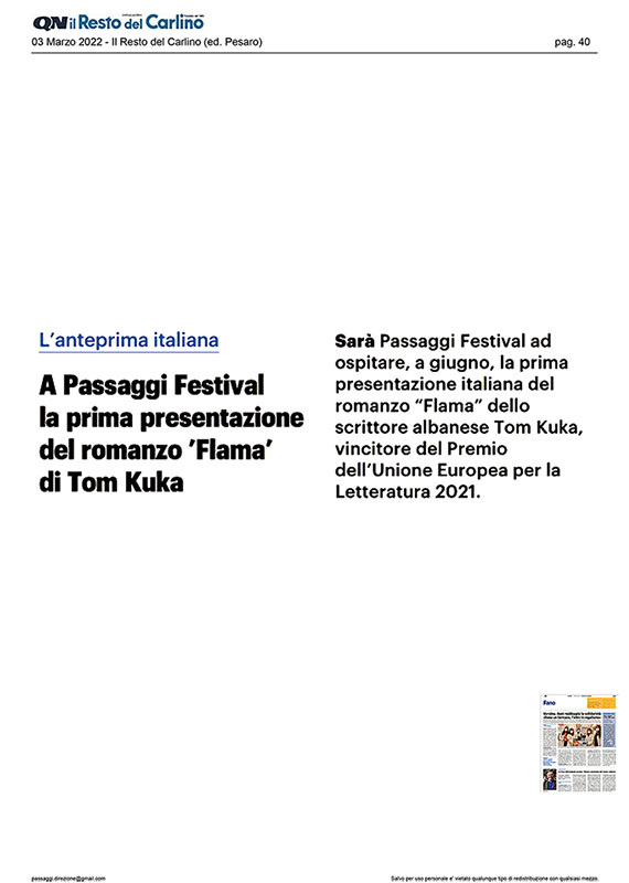 Il Resto del Carlino – A Passaggi Festival la prima del romanzo ‘Flama’ di Tom Kuka