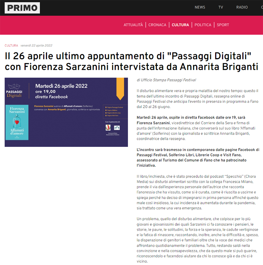 Primo Comunicazione – Il 26 aprile ultimo appuntamento di “Passaggi Digitali” con Fiorenza Sarzanini intervistata da Annarita Briganti