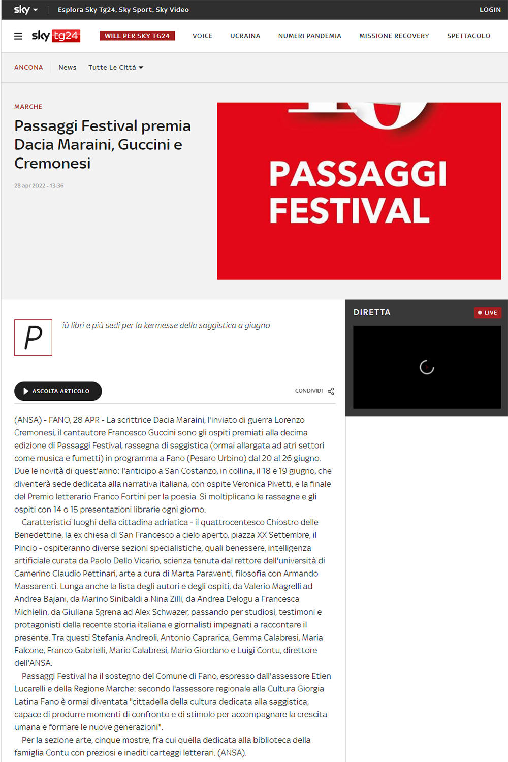 Sky TG 24 – Passaggi Festival premia Dacia Maraini, Guccini e Cremonesi