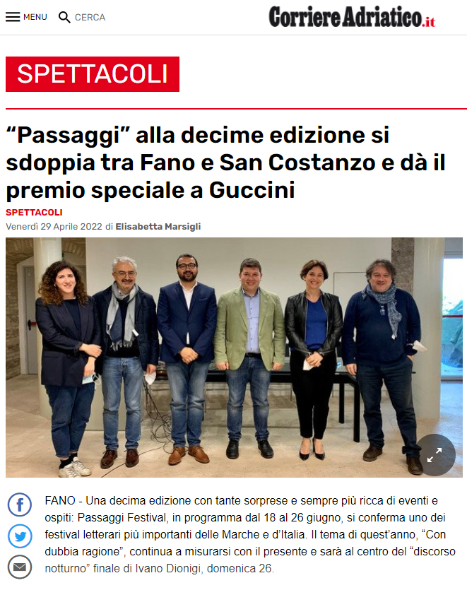 Corriere Adriatico – “Passaggi” alla decima edizione si sdoppia tra Fano e San Costanzo e dà il premio speciale a Guccini