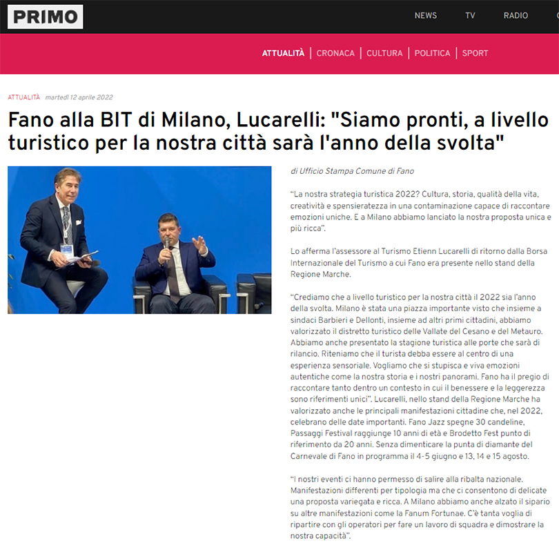 Primo Comunicazione – Fano alla BIT di Milano, Lucarelli: “Siamo pronti, a livello turistico per la nostra città sarà l’anno della svolta”